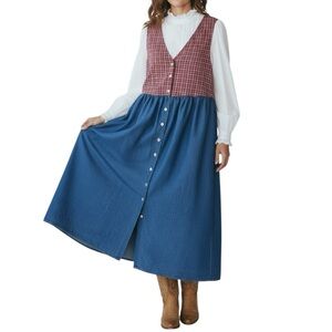 Vintage 90s Button Down Denim Plaid Maxi Dress Large Cottage Country Farmhouse